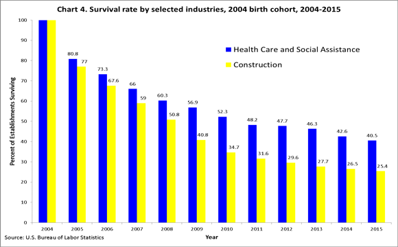 Chart 4. Survival rate by selected industries, 2004 birth cohort, 2004–2015
