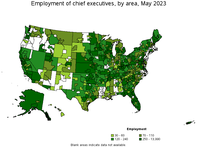 Map of employment of chief executives by area, May 2023