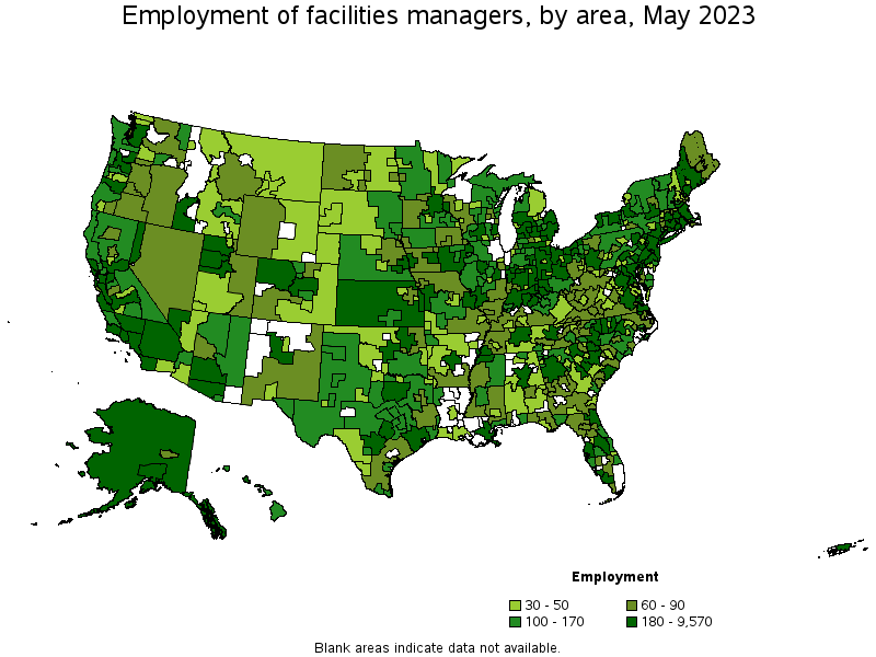 Map of employment of facilities managers by area, May 2023