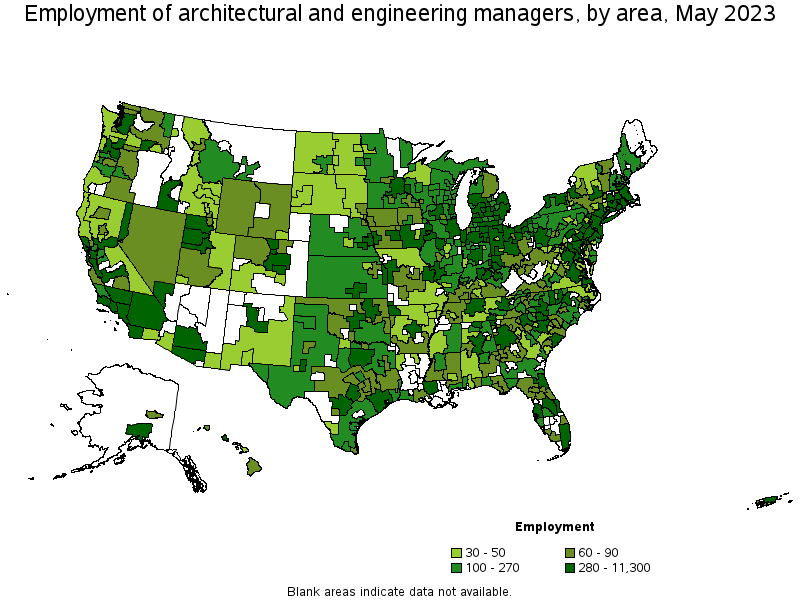 Map of employment of architectural and engineering managers by area, May 2023