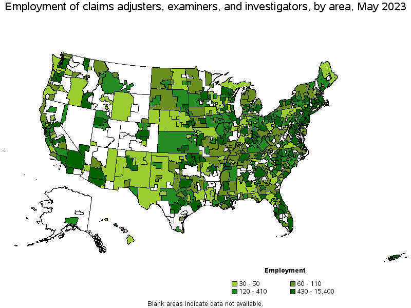 Map of employment of claims adjusters, examiners, and investigators by area, May 2023