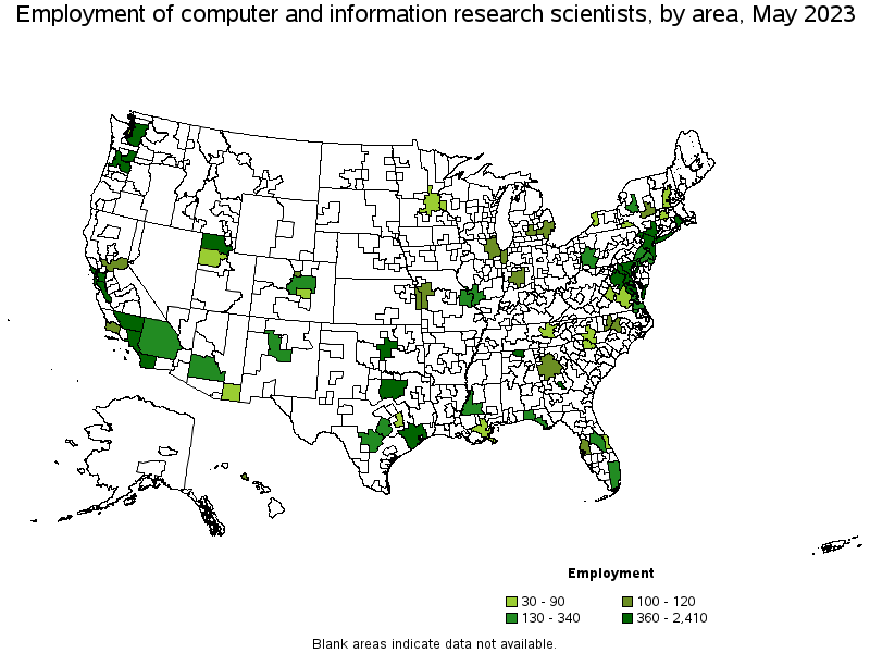 Map of employment of computer and information research scientists by area, May 2023