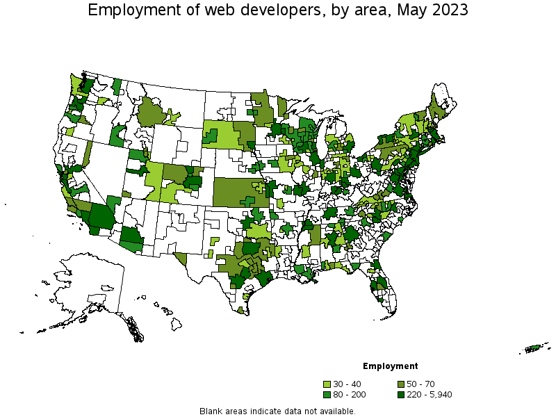 Map of employment of web developers by area, May 2023