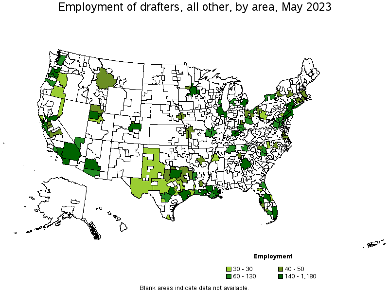 Map of employment of drafters, all other by area, May 2023