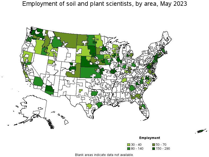 Map of employment of soil and plant scientists by area, May 2023