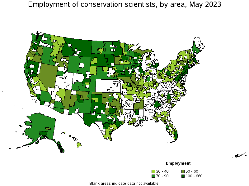 Map of employment of conservation scientists by area, May 2023