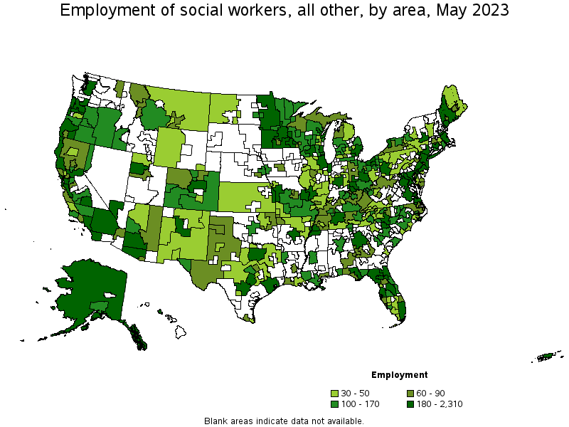 Map of employment of social workers, all other by area, May 2023