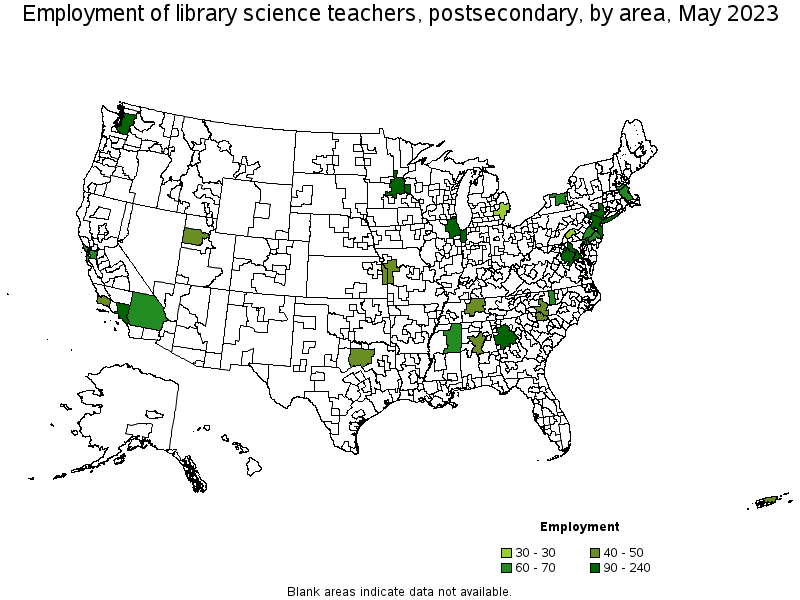 Map of employment of library science teachers, postsecondary by area, May 2023