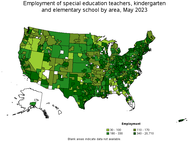 Map of employment of special education teachers, kindergarten and elementary school by area, May 2023