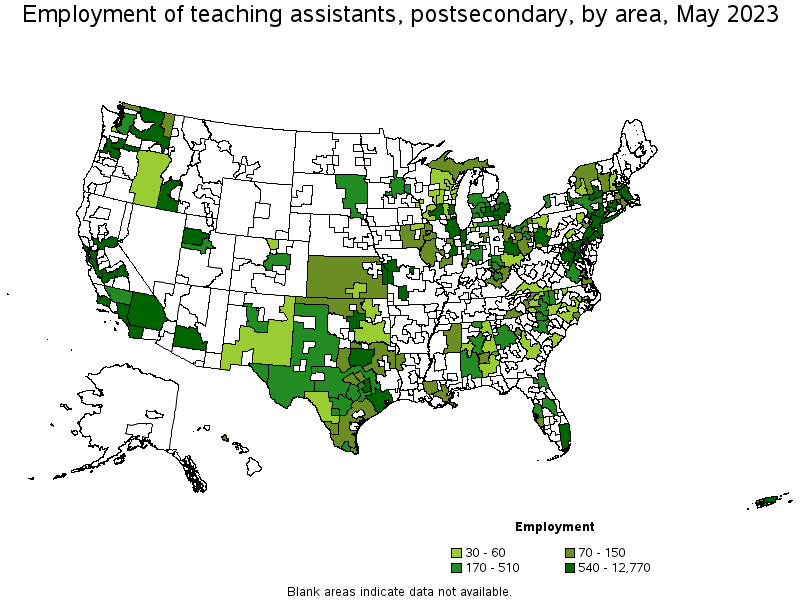 Map of employment of teaching assistants, postsecondary by area, May 2023