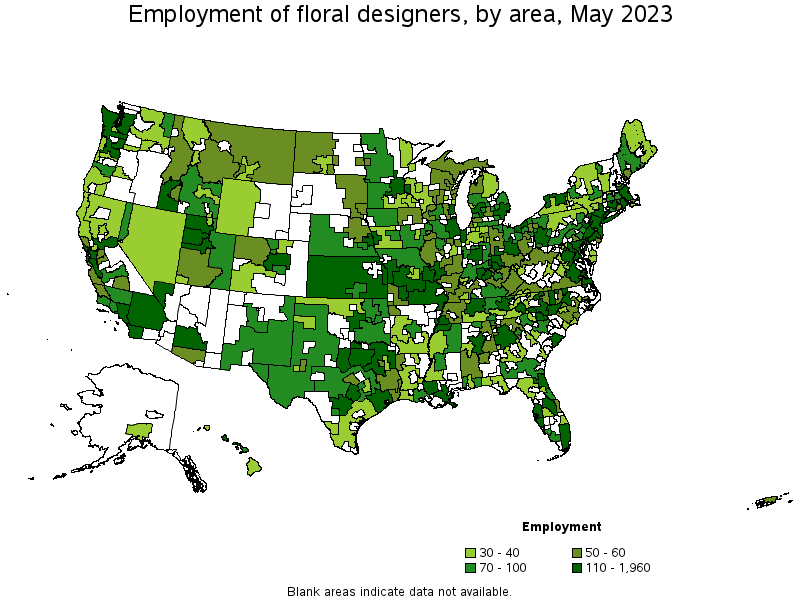 Map of employment of floral designers by area, May 2023
