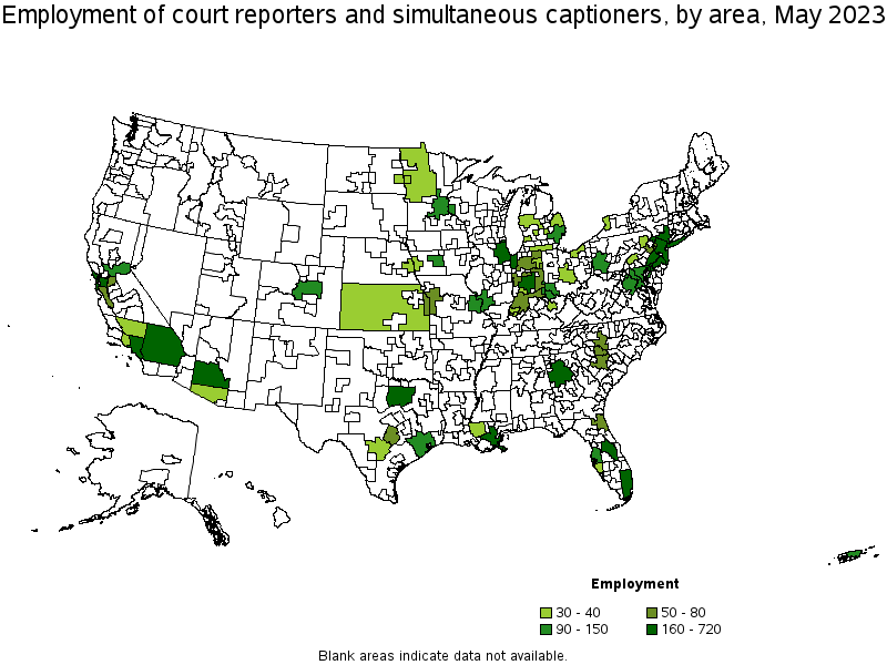 Map of employment of court reporters and simultaneous captioners by area, May 2023