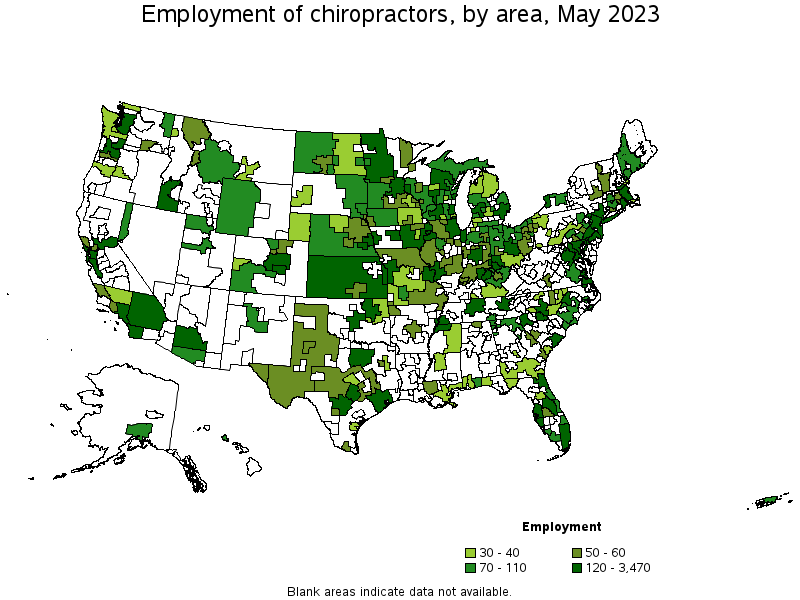 Map of employment of chiropractors by area, May 2023