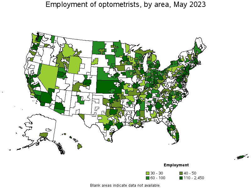 Map of employment of optometrists by area, May 2023