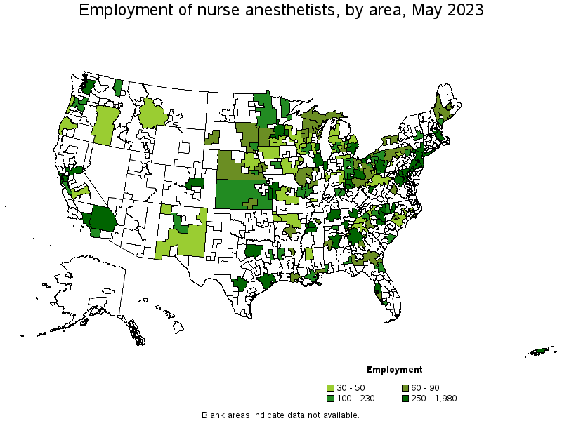 Map of employment of nurse anesthetists by area, May 2023