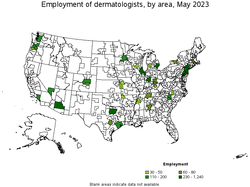 Map of employment of dermatologists by area, May 2023