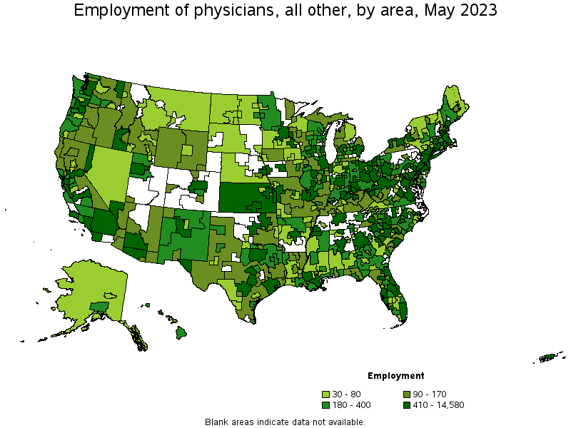 Map of employment of physicians, all other by area, May 2023