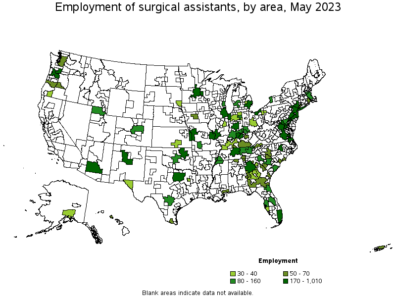 Map of employment of surgical assistants by area, May 2023