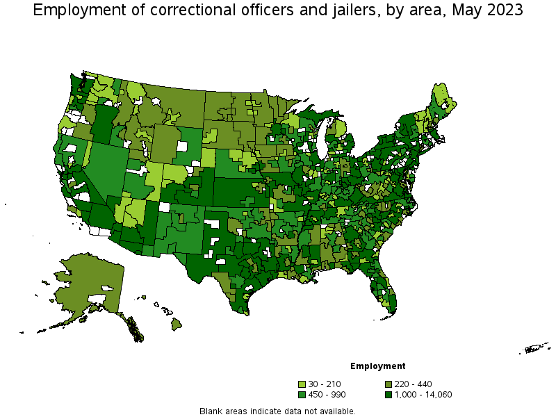 Map of employment of correctional officers and jailers by area, May 2023