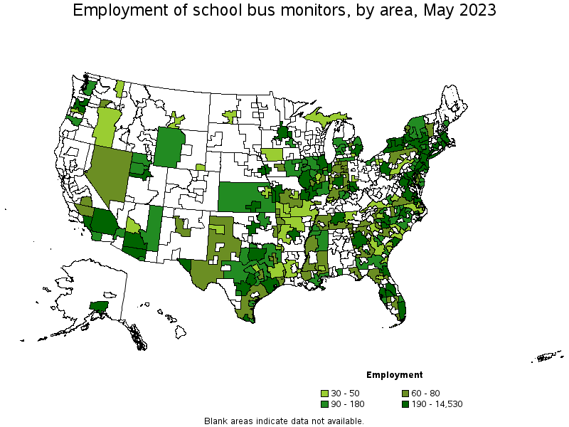 Map of employment of school bus monitors by area, May 2023