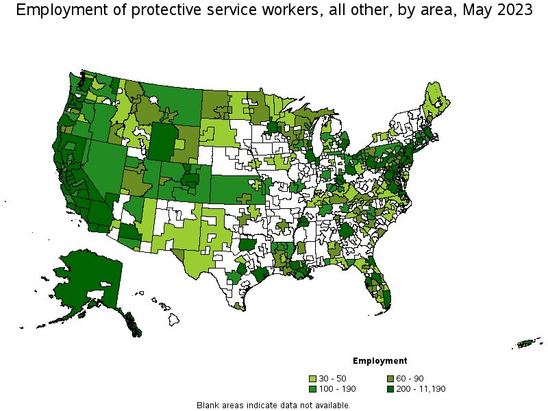 Map of employment of protective service workers, all other by area, May 2023