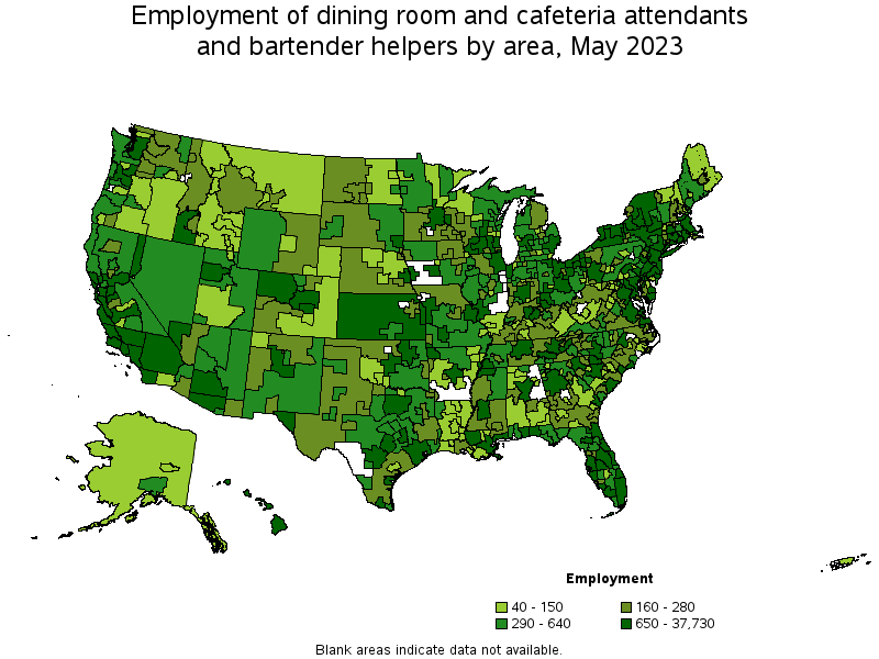 Map of employment of dining room and cafeteria attendants and bartender helpers by area, May 2023