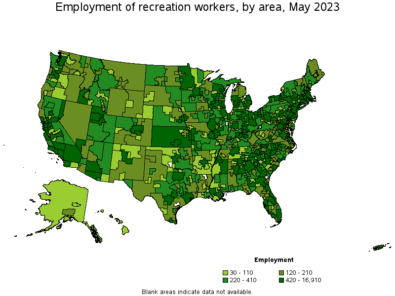 Map of employment of recreation workers by area, May 2023