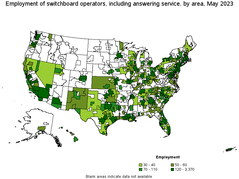 Map of employment of switchboard operators, including answering service by area, May 2023
