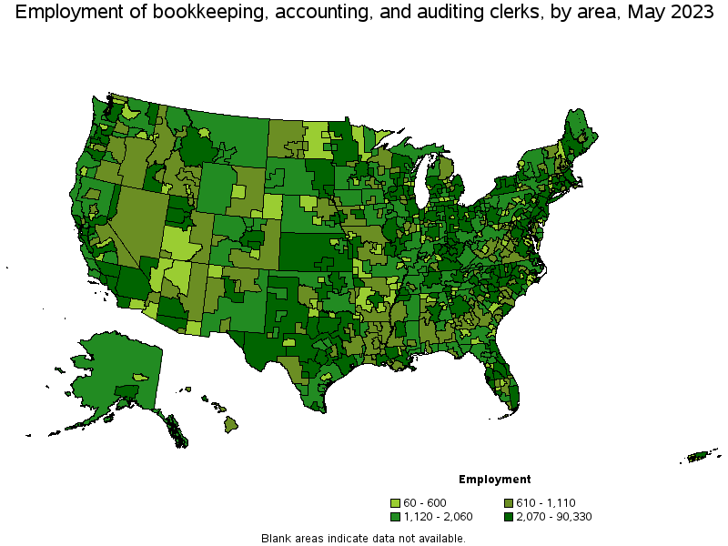 Map of employment of bookkeeping, accounting, and auditing clerks by area, May 2023
