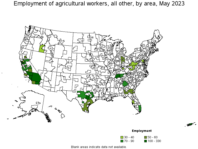 Map of employment of agricultural workers, all other by area, May 2023