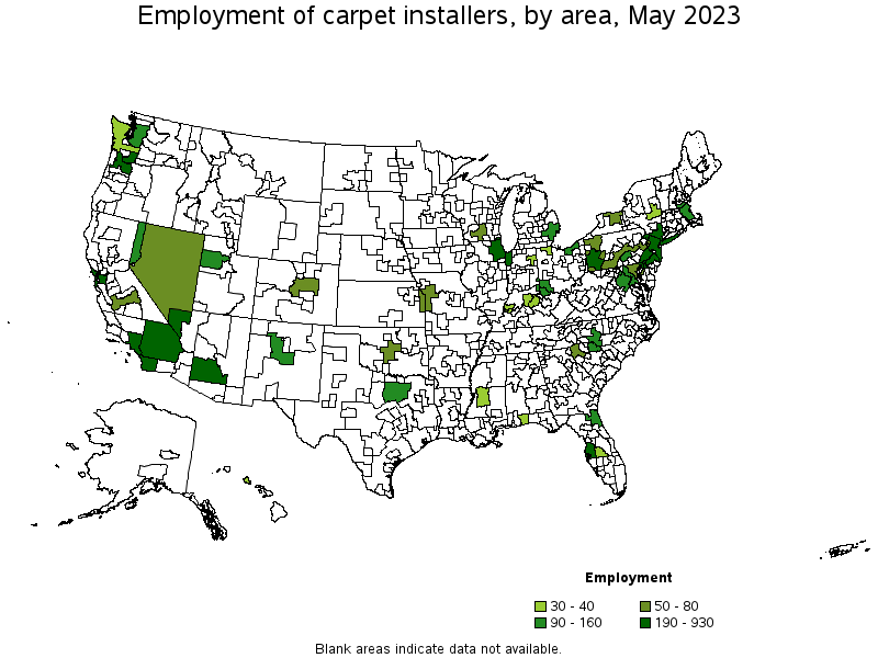 Map of employment of carpet installers by area, May 2023