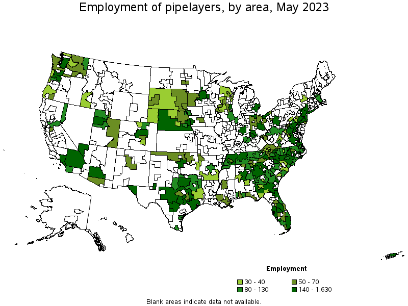Map of employment of pipelayers by area, May 2023