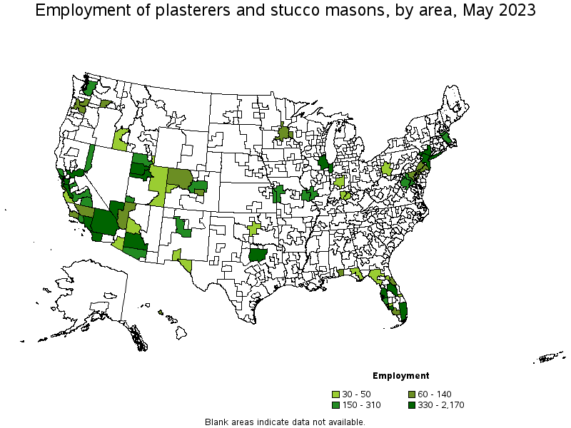 Map of employment of plasterers and stucco masons by area, May 2023