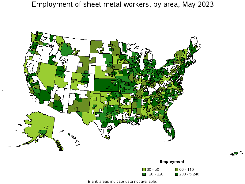 Map of employment of sheet metal workers by area, May 2023