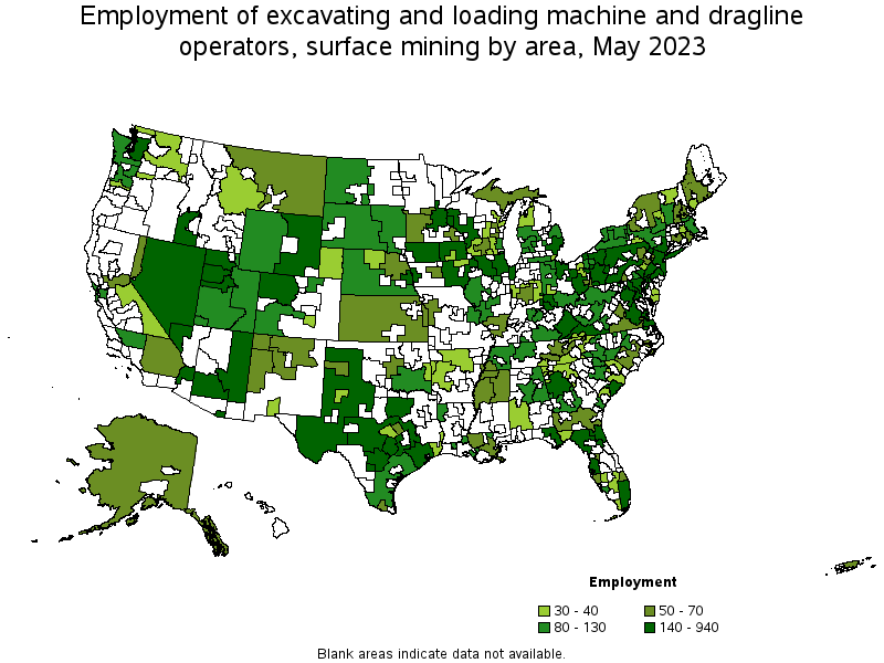 Map of employment of excavating and loading machine and dragline operators, surface mining by area, May 2023