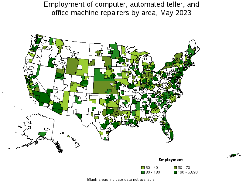Map of employment of computer, automated teller, and office machine repairers by area, May 2023