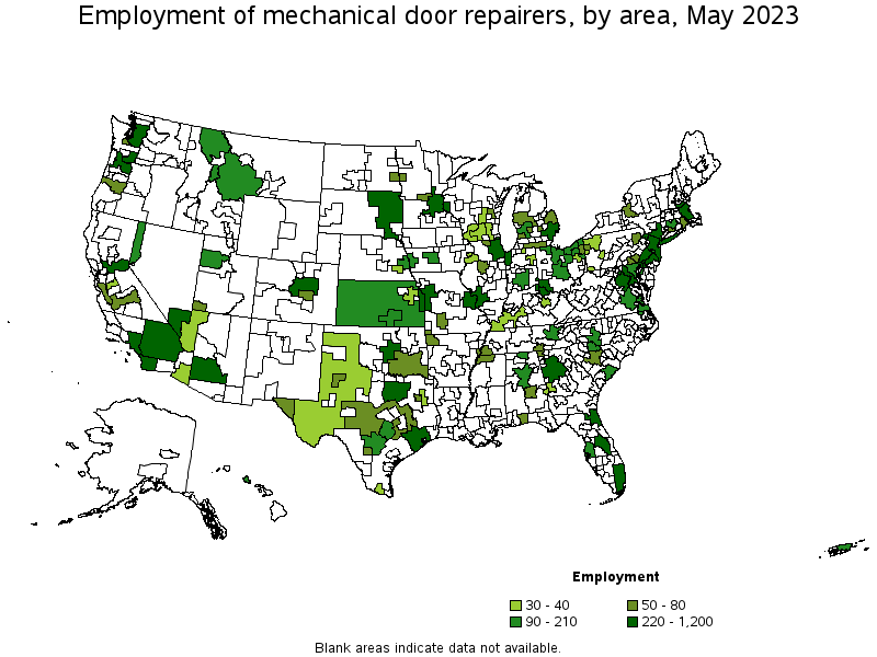 Map of employment of mechanical door repairers by area, May 2023