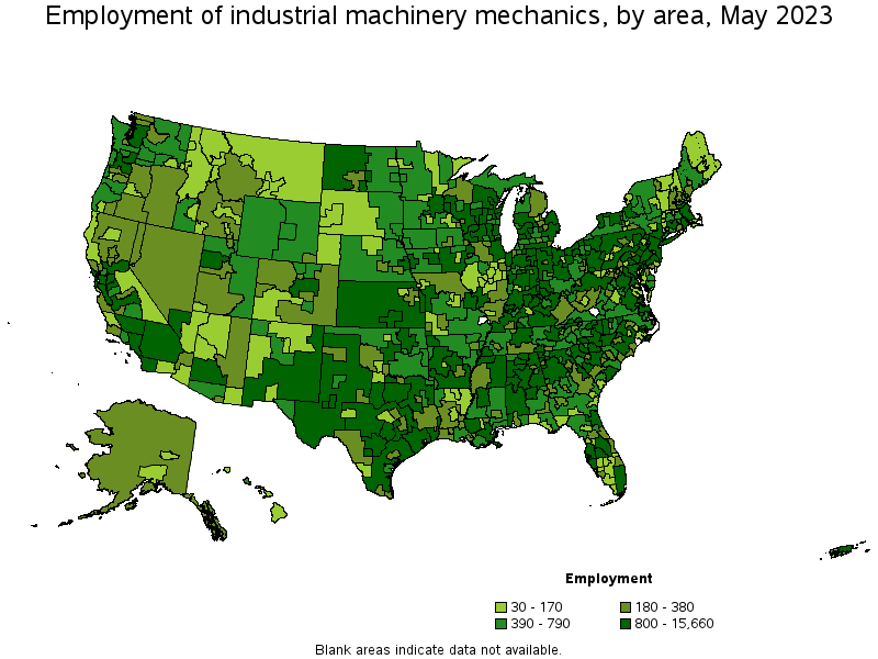 Map of employment of industrial machinery mechanics by area, May 2023