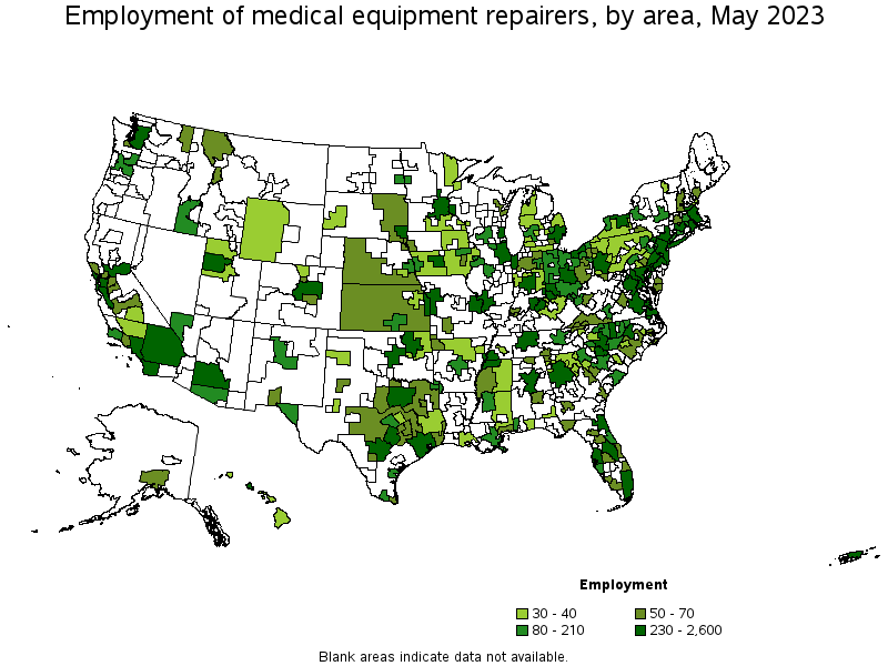 Map of employment of medical equipment repairers by area, May 2023