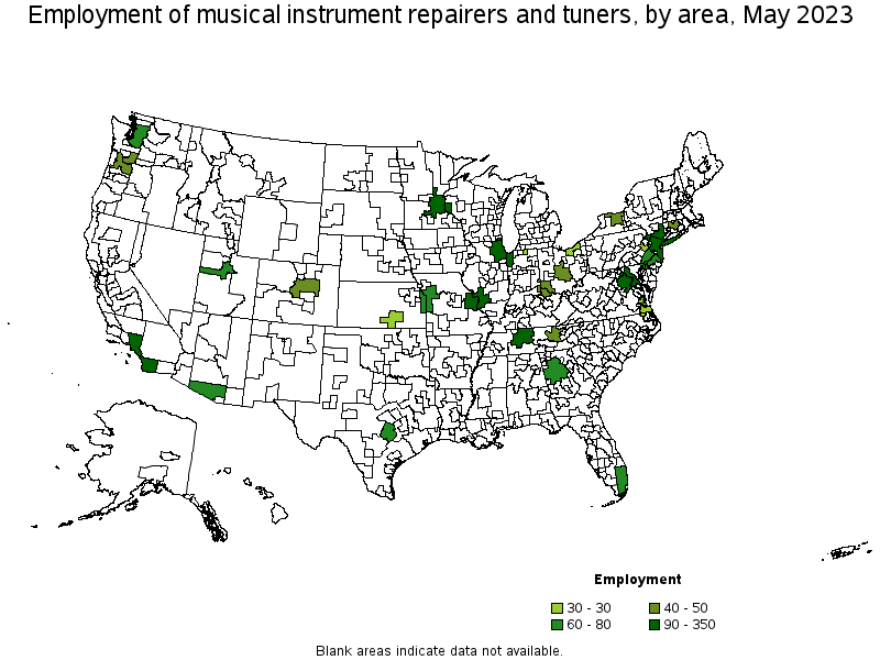 Map of employment of musical instrument repairers and tuners by area, May 2023