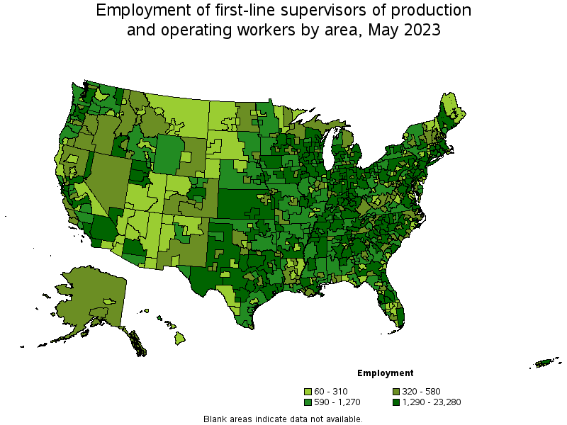 Map of employment of first-line supervisors of production and operating workers by area, May 2023