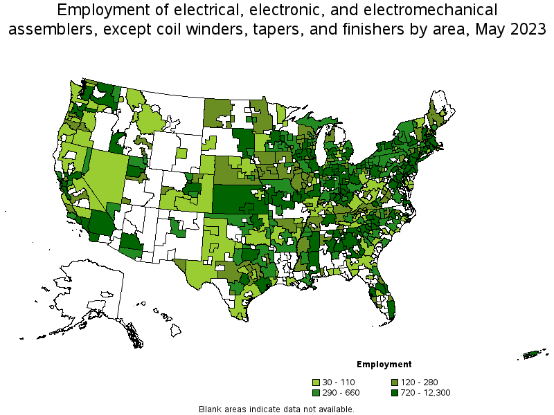 Map of employment of electrical, electronic, and electromechanical assemblers, except coil winders, tapers, and finishers by area, May 2023