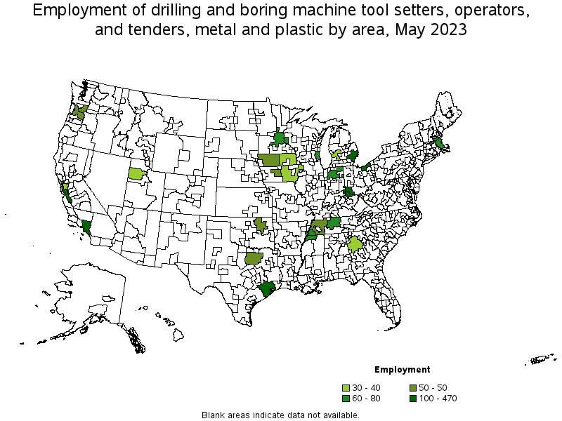 Map of employment of drilling and boring machine tool setters, operators, and tenders, metal and plastic by area, May 2023