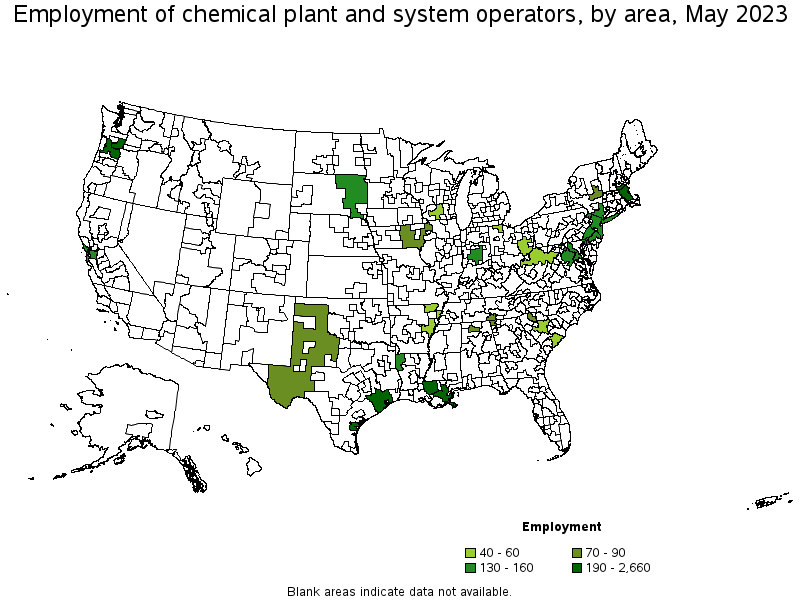 Map of employment of chemical plant and system operators by area, May 2023