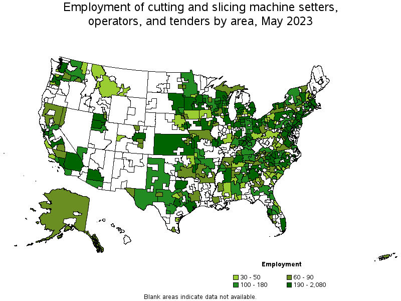 Map of employment of cutting and slicing machine setters, operators, and tenders by area, May 2023