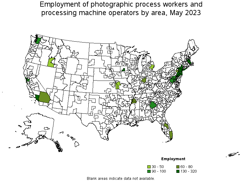 Map of employment of photographic process workers and processing machine operators by area, May 2023