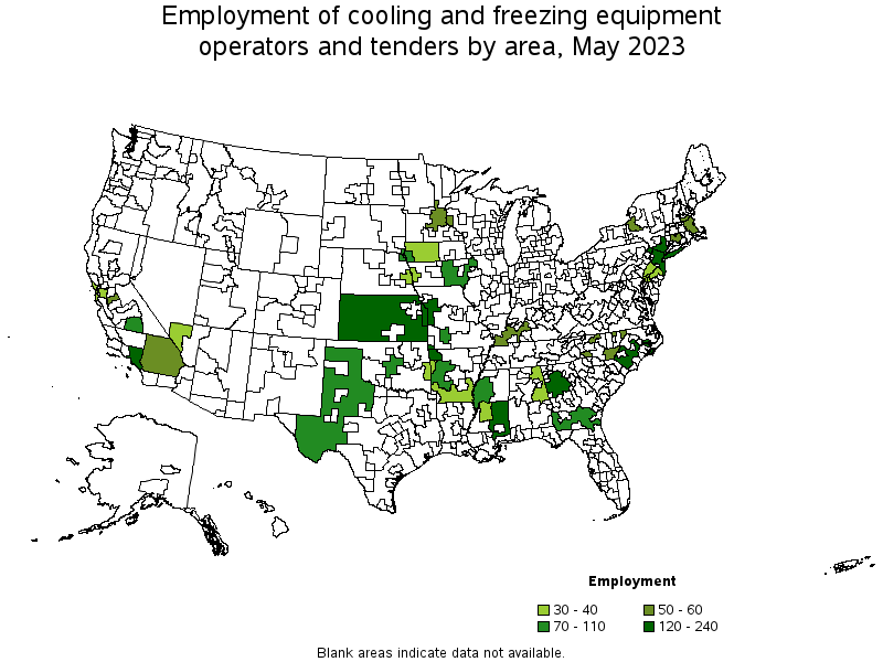 Map of employment of cooling and freezing equipment operators and tenders by area, May 2023