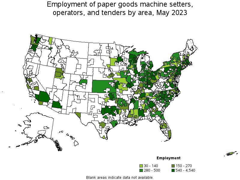 Map of employment of paper goods machine setters, operators, and tenders by area, May 2023