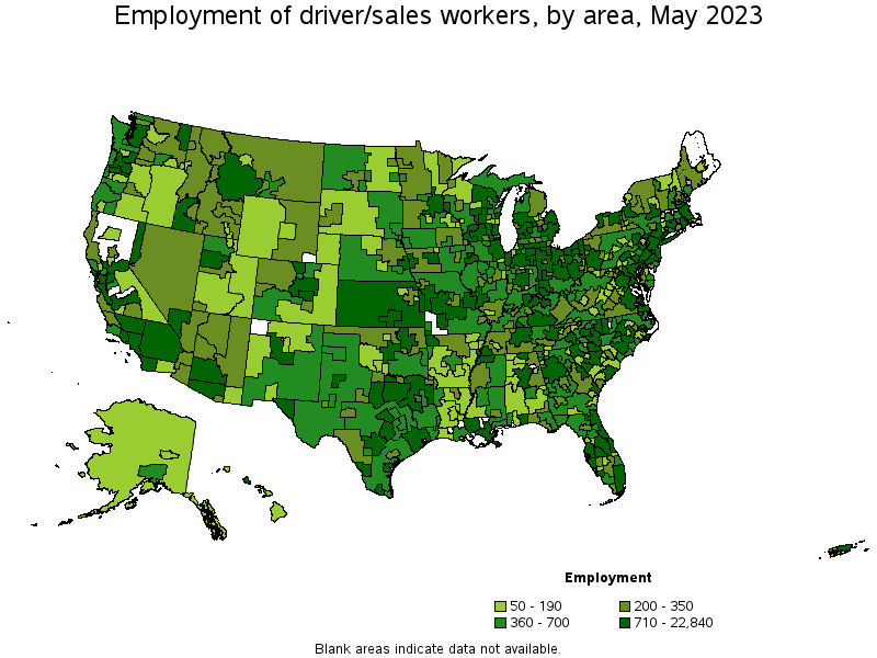 Map of employment of driver/sales workers by area, May 2023