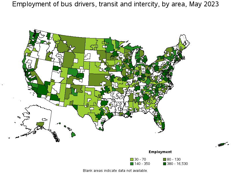 Map of employment of bus drivers, transit and intercity by area, May 2023